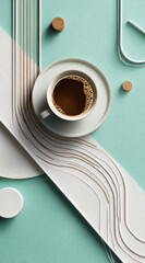 Aromatic Coffee and Abstract Design: An eye-level, artistic flat lay featuring a full cup of rich coffee resting on a saucer, and set amidst an abstract composition with lines and geometric shapes. 