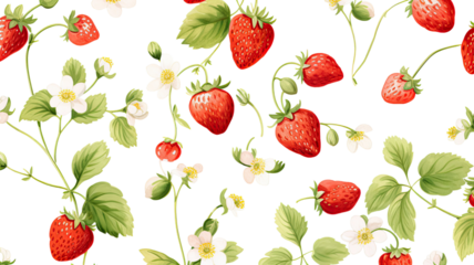 Fresh strawberry pattern with ripe red berries green leaves white flowers botanical illustration isolated on white background