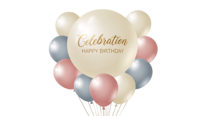 Assortment of celebration balloons in pastel pink blue and cream for happy birthday event on transparent background