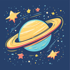 Cartoon planet with ring and comet, a whimsical illustration of space and celestial bodies for kids and astronomy enthusiasts , vector style simple color