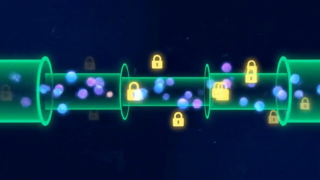 Data protection and cybersecurity measures in a digital tunnel with glowing green lines and lock icons data privacy