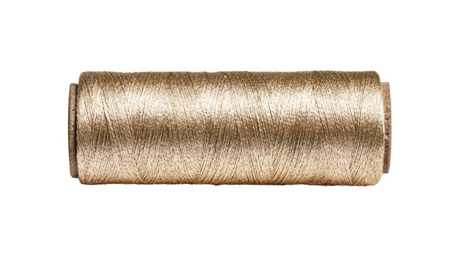 Gold thread spool on transparent background, textile craft material for sewing, embroidery, and tailoring