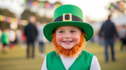 Happy st patrick's day boy wearing leprechaun hat and green vest outdoors