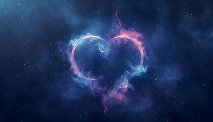 Two crescent moons gently orbiting each other in a star-dusted midnight sky, cosmic dust forming an implied heart shape, dreamy surreal digital illustration, deep blues and purple nebula,