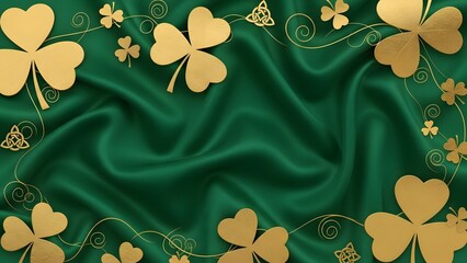 St patrick's day green fabric with gold shamrocks and butterflies pattern