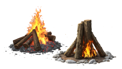 Set of fire places campfire isolated on a white or transparent background.