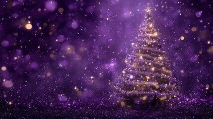 Obraz premium Bright purple christmas tree with sparkling lights and bokeh effect.