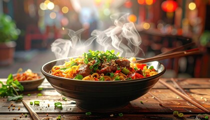Steaming bowl of noodles with meat and vegetables on wooden table