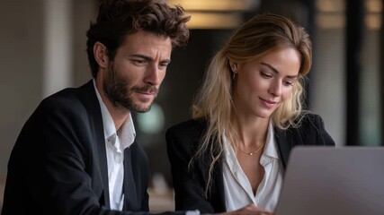 Busy professionals collaborating in a modern office environment, focusing on laptop work while discussing project details during the midday hours