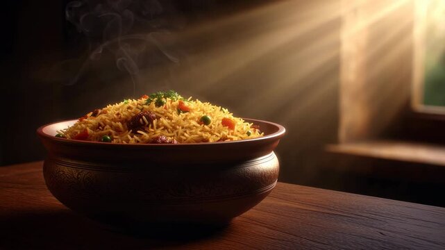 Steaming rice dish in ornate bowl on wooden table under warm sunlight traditional dinner biryani basmati Indian food aromatic spicy meal