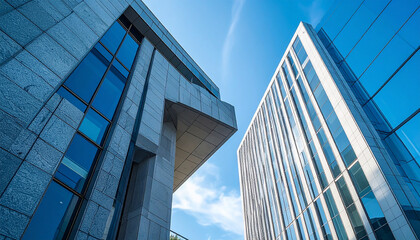 Modern Architecture Under a Blue Sky: A compelling perspective showcases the towering structures of a modern city, their sleek glass and concrete facades reaching towards a cloudless sky.