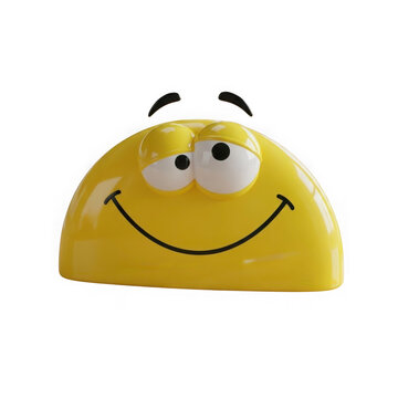 Smiling yellow half-sphere character with black eyes and eyebrows, rendered in 3D with a glossy finish, isolated on a transparent background.