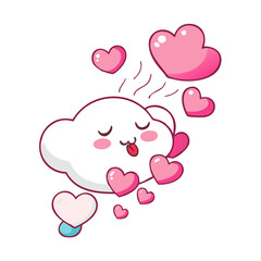 A cute white cartoon cloud character blowing out a stream of pink hearts, expressing love and affection in a sweet illustration.
