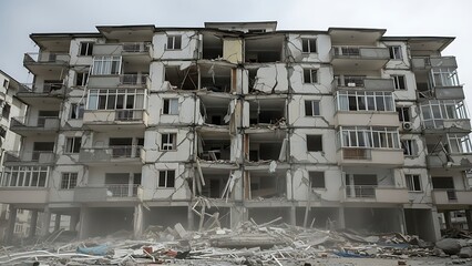 Damaged multi story building with broken windows and debris urban destruction scene