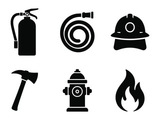 Fire Safety and Emergency Equipment Icons Set with Extinguisher, Hose, Helmet, Axe, Hydrant, and Flame Symbols