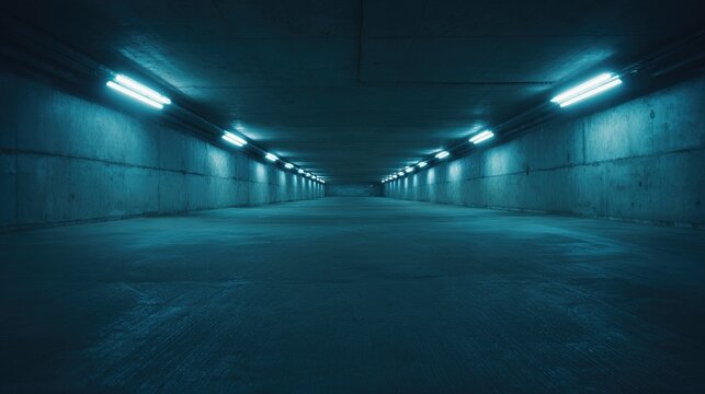 epilogue. An empty underground concrete parking garage with long perspective and harsh fluorescent lighting. real-estate listings.