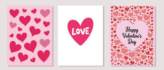 Collection of three lovely Valentines Day cards showcasing pink and red hearts with romantic messages