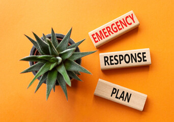 Emergency Response Plan symbol. Concept words Emergency Response Plan on wooden blocks. Businessman hand. Beautiful orange background with succulent. Business concept. Copy space.