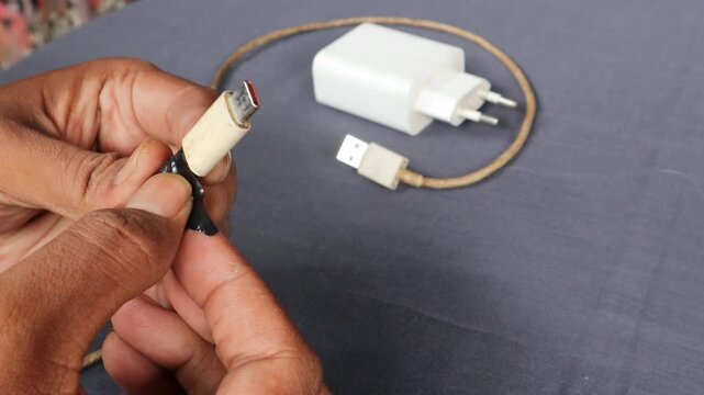 Close-up of handyman male applying insulating tape to frayed charging cable, demonstrating simple DIY repair technique for damaged electronics.