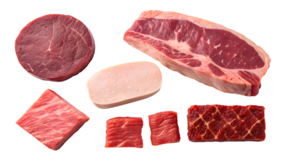 Set of many different raw beef meat pieces isolated on a white or transparent background.