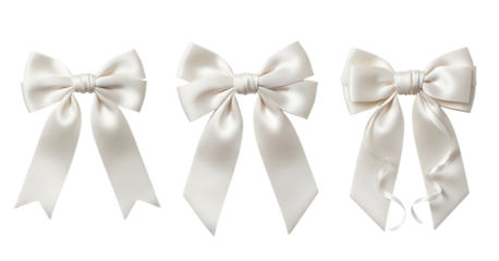 Set of three white ribbon bow knots isolated on a white or transparent background.