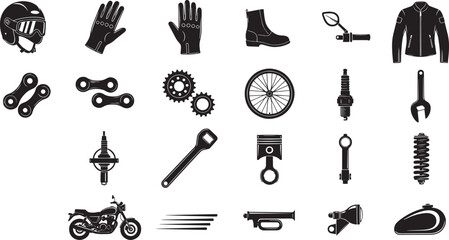 Collection of black and white motorcycle parts and accessories icons