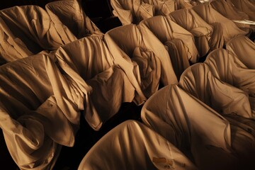 Covered and Damaged Pews in Dim Light, closeup