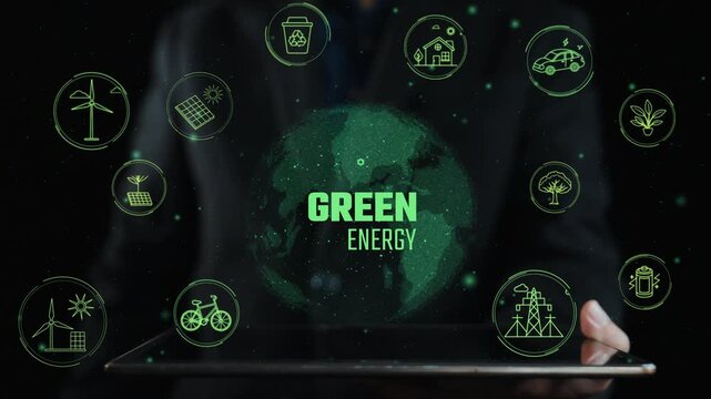This image presents a digital concept of green energy, illustrating various eco-friendly technologies and solutions that promote sustainability and environmental awareness. Cipher