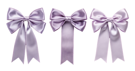 Set of three purple ribbon bow knots isolated on a white or transparent background.