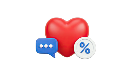 3D Heart, Chat Bubble, and Percentage Coin Icons