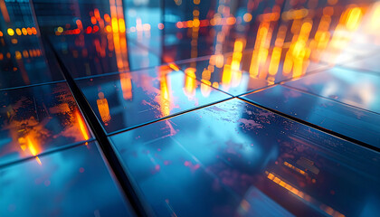 Digital Reflection: A vibrant tapestry of digital data and futuristic elements reflected on a sleek, tiled surface. This image embodies technological innovation and interconnectedness.