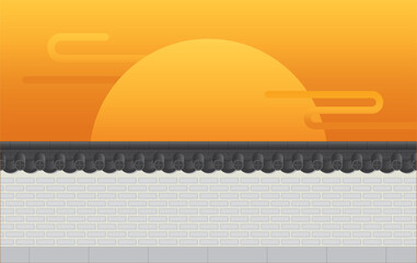 Korean Lunar New Year Seollal Greeting Background with Sunrise and Traditional Tile Wall