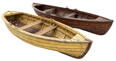 Set of wooden boats isolated on a white or transparent background.