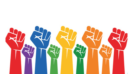 Colorful raised fists symbolizing unity, protest, empowerment, diversity, solidarity, resistance, and social activism concept vector illustration.