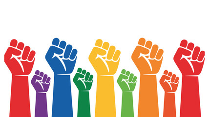 Colorful raised fists symbolizing unity, protest, empowerment, diversity, solidarity, resistance, and social activism concept vector illustration.