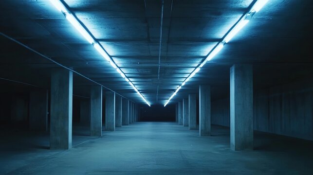 epilogue. An empty underground concrete parking garage with long perspective and harsh fluorescent lighting. real-estate listings.