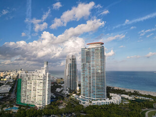Fototapeta premium Miami Beach city from top. South Beach from above. Drone of coastline scene. Shore of Miami Aerial cityscape of Miami view.