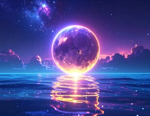 Glowing orb hovering above water, reflects light in a starry sky