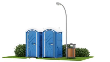 Portable Toilets and Trash Can with Street Lamp and Bushes