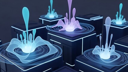 Futuristic digital landscape with abstract neon liquid splashes on dark platforms from an isometric viewpoint