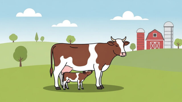 Cow and calf standing together in a green field with a red barn and silo in the background under a blue sky with white clouds with farm
