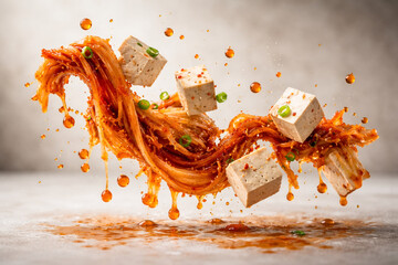 AI generated image showcasing the dynamic deconstruction of kimchi stew with floating tofu cubes, kimchi strands and broth droplets. Ideal for food and Korean cuisine visuals.