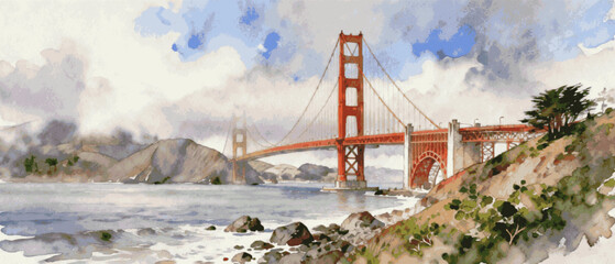 Fototapeta premium Hidden Golden Gate Golden Gate in the Mist isolated watercolor vector illustration svg 