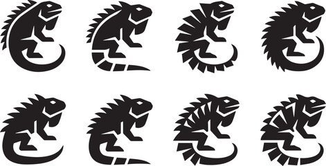 Different black lizard silhouettes featuring various creative reptile patterns for creative designs animalistic icons in monochrome reptile patterns