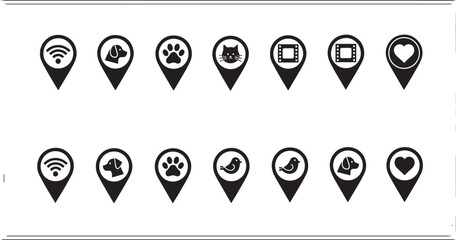 Set of black map pointers with animal and connectivity symbols on transparent background
