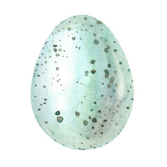 Watercolor Easter thrush or starling egg isolated on white background. Celebration food for spring menu. Blue clipart with new life of bird jay. Hand-drawn element for cookbook wallpaper or wrapping