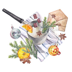 Watercolor saucepan with milk for cooking Christmas hot chocolate isolated on white background. Condiment and New Year toy and tree. Pot for food. Kitchenware for drink. Clipart for wallpaper