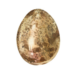 Watercolor Easter quail egg isolated on white background. Celebration food for spring menu. Beige brown clipart with new life of bird. Hand-drawn element for cookbook and wallpaper or wrapping