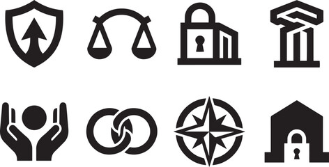 Symbols represent protection justice security architecture and support with intertwined rings symbolizing connection