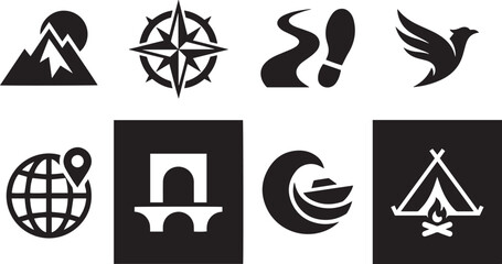 adventurous collection of journey icons representing exploration navigation and discovery through vector designs suitable for travel and outdoor themes